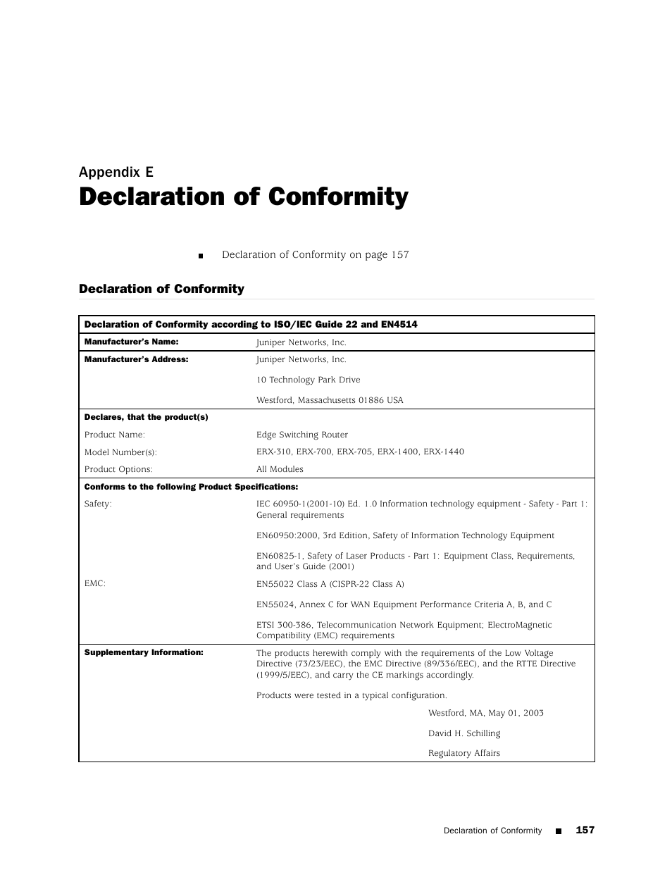 Declaration of conformity, Appendix e | Juniper Networks ERX Hardware 8 User Manual | Page 175 / 183