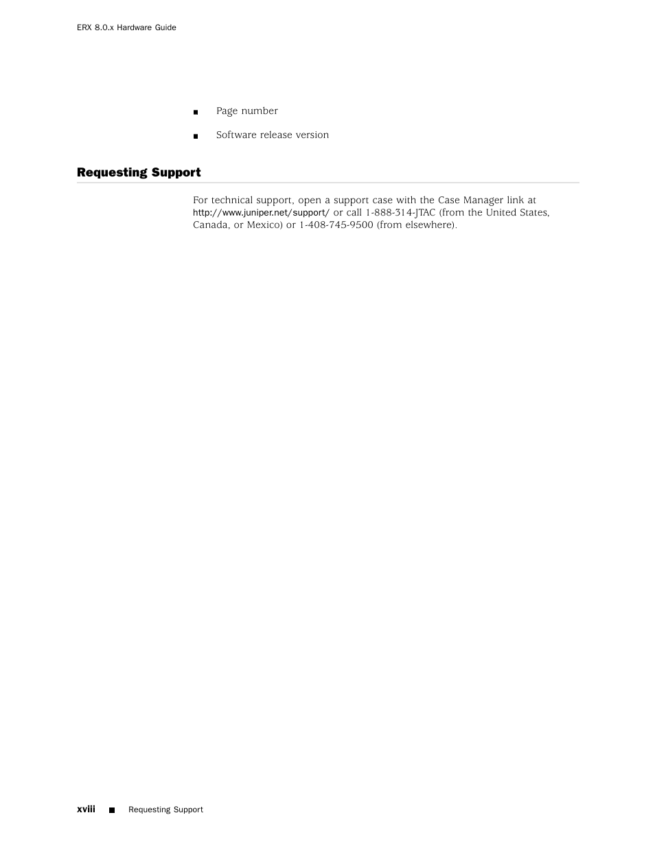 Requesting support, Xviii | Juniper Networks ERX Hardware 8 User Manual | Page 18 / 183