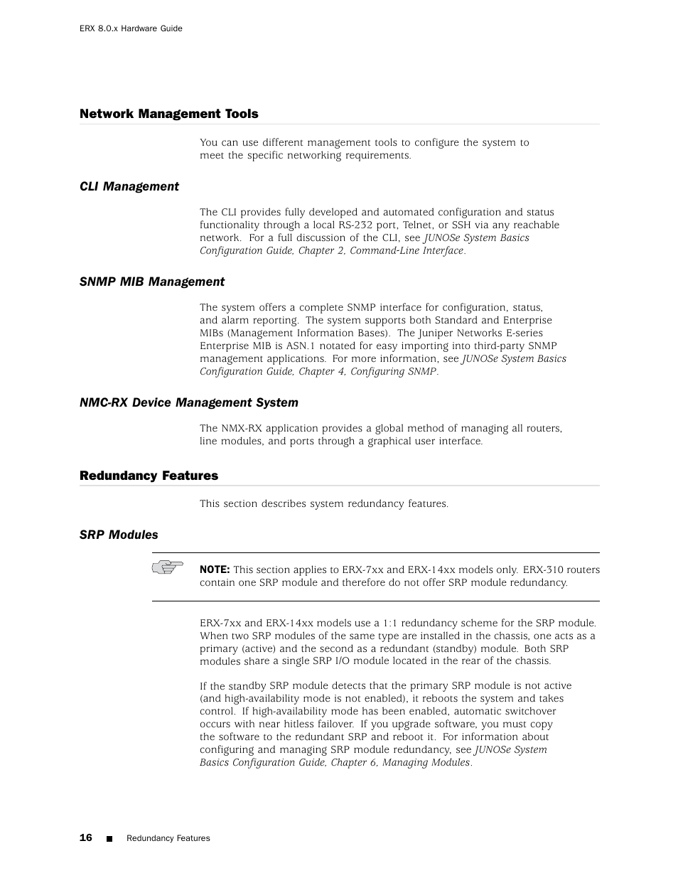 Network management tools, Cli management, Snmp mib management | Nmc-rx device management system, Redundancy features, Srp modules | Juniper Networks ERX Hardware 8 User Manual | Page 34 / 183