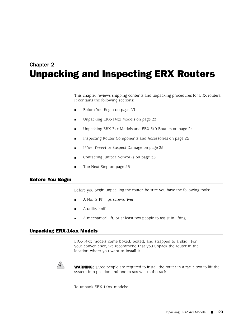 Unpacking and inspecting erx routers, Before you begin, Unpacking erx-14xx models | Chapter 2 | Juniper Networks ERX Hardware 8 User Manual | Page 41 / 183
