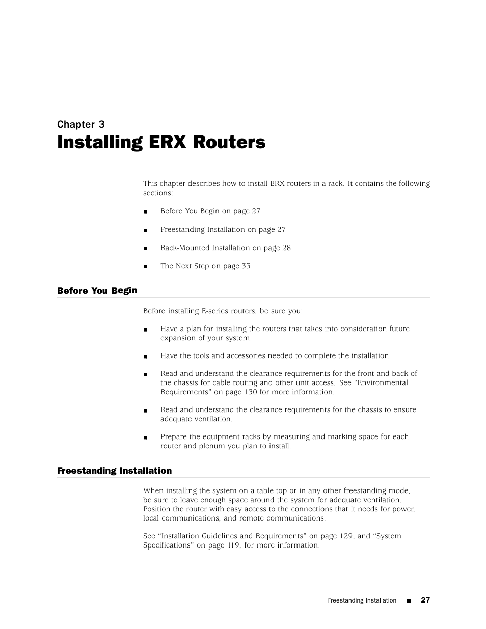 Installing erx routers, Before you begin, Freestanding installation | Installing, Chapter 3 | Juniper Networks ERX Hardware 8 User Manual | Page 45 / 183