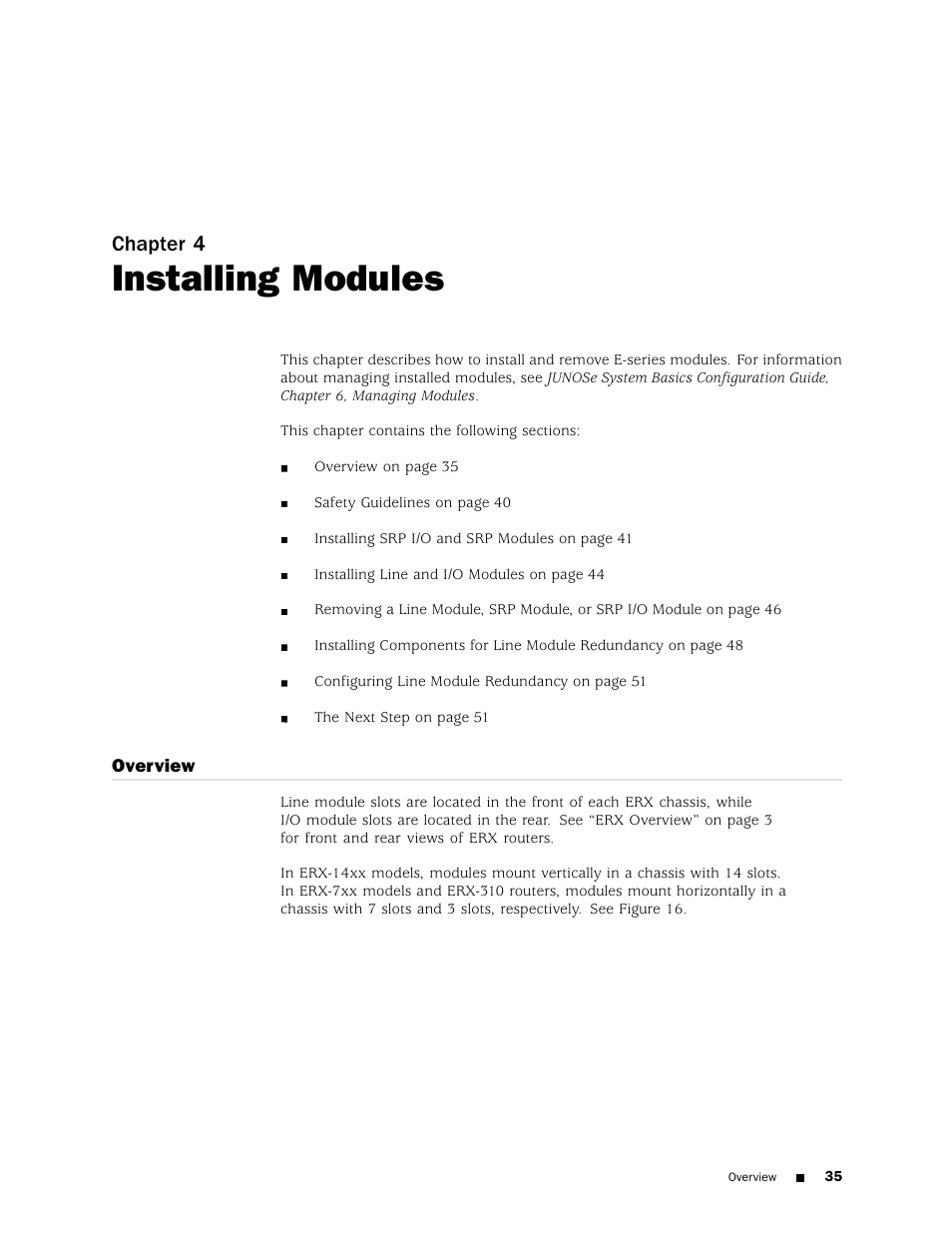 Installing modules, Overview, Chapter 4 | Juniper Networks ERX Hardware 8 User Manual | Page 53 / 183