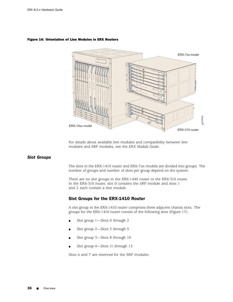 Slot groups, Figure 16, Slot groups for the erx-1410 router | Juniper Networks ERX Hardware 8 User Manual | Page 54 / 183