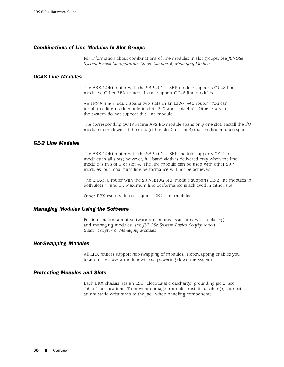 Combinations of line modules in slot groups, Oc48 line modules, Ge-2 line modules | Managing modules using the software, Hot-swapping modules, Protecting modules and slots | Juniper Networks ERX Hardware 8 User Manual | Page 56 / 183