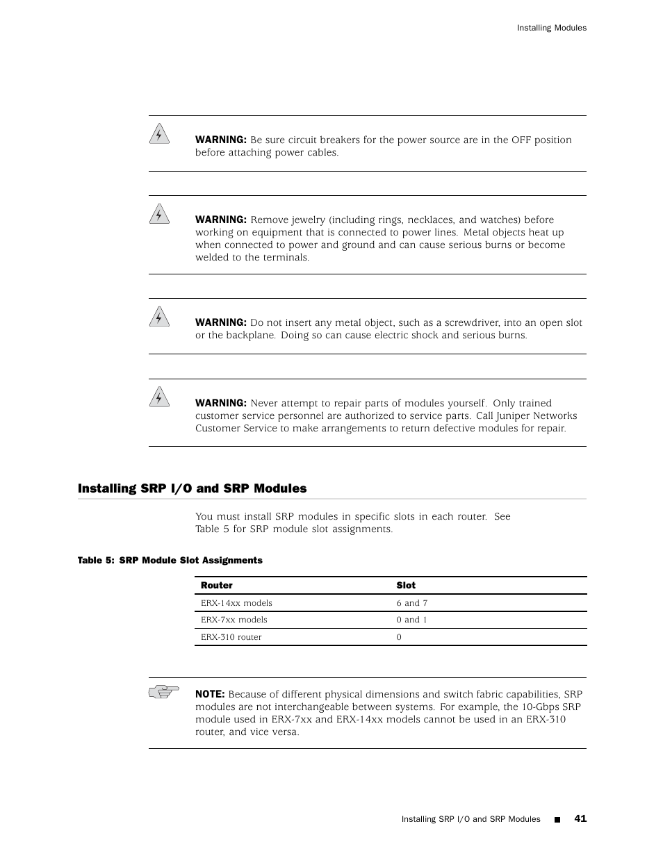 Installing srp i/o and srp modules | Juniper Networks ERX Hardware 8 User Manual | Page 59 / 183