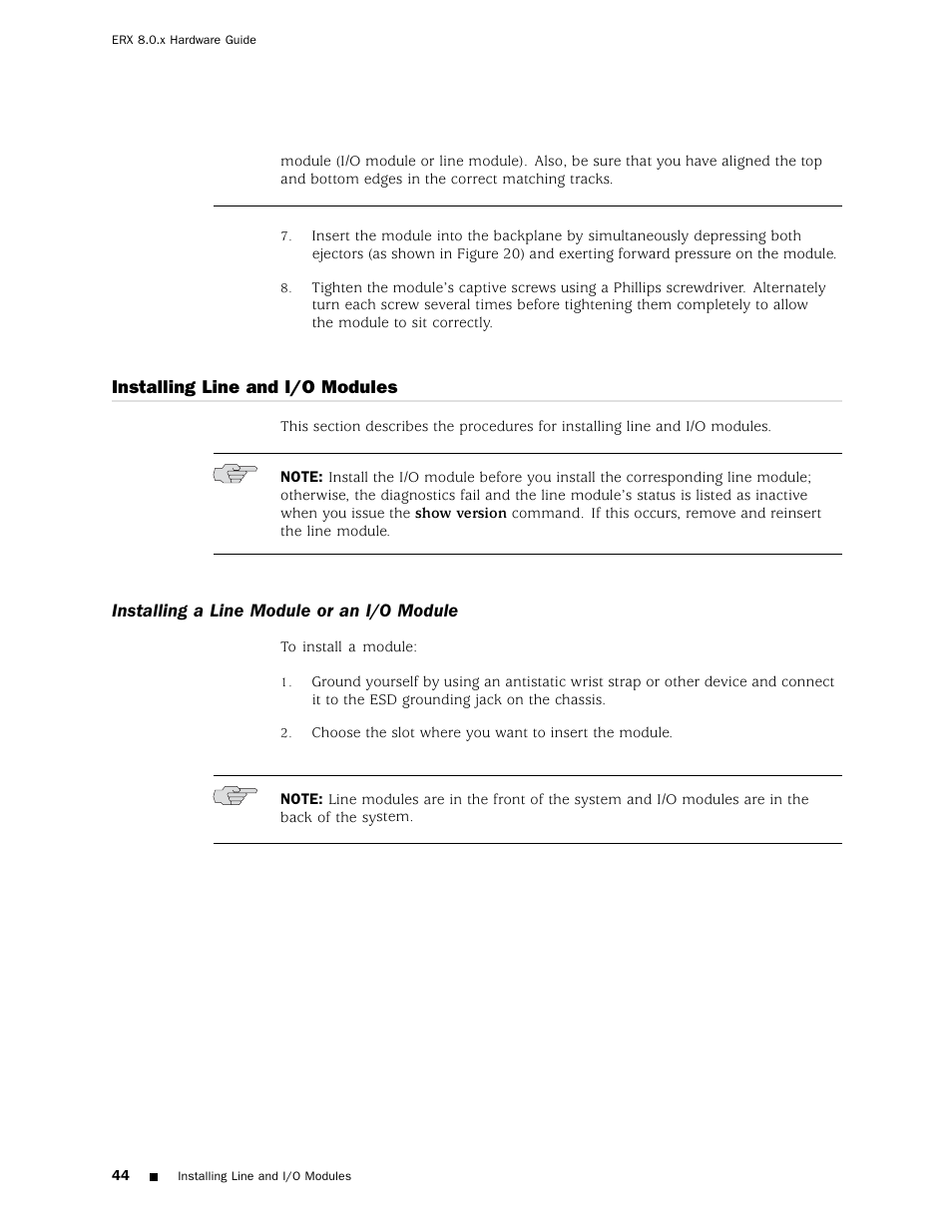 Installing line and i/o modules, Installing a line module or an i/o module | Juniper Networks ERX Hardware 8 User Manual | Page 62 / 183