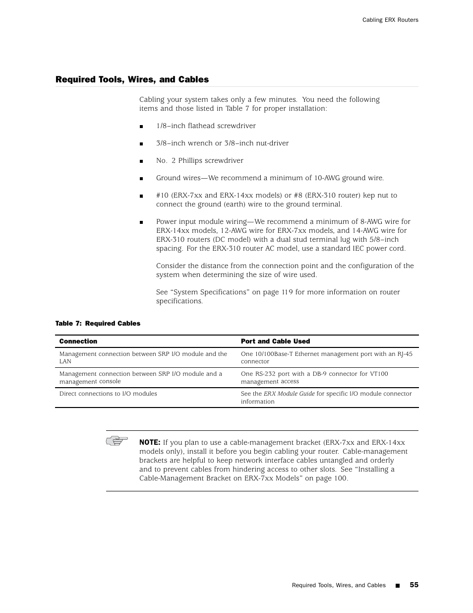 Required tools, wires, and cables, Cabling the srp i/o module | Juniper Networks ERX Hardware 8 User Manual | Page 73 / 183