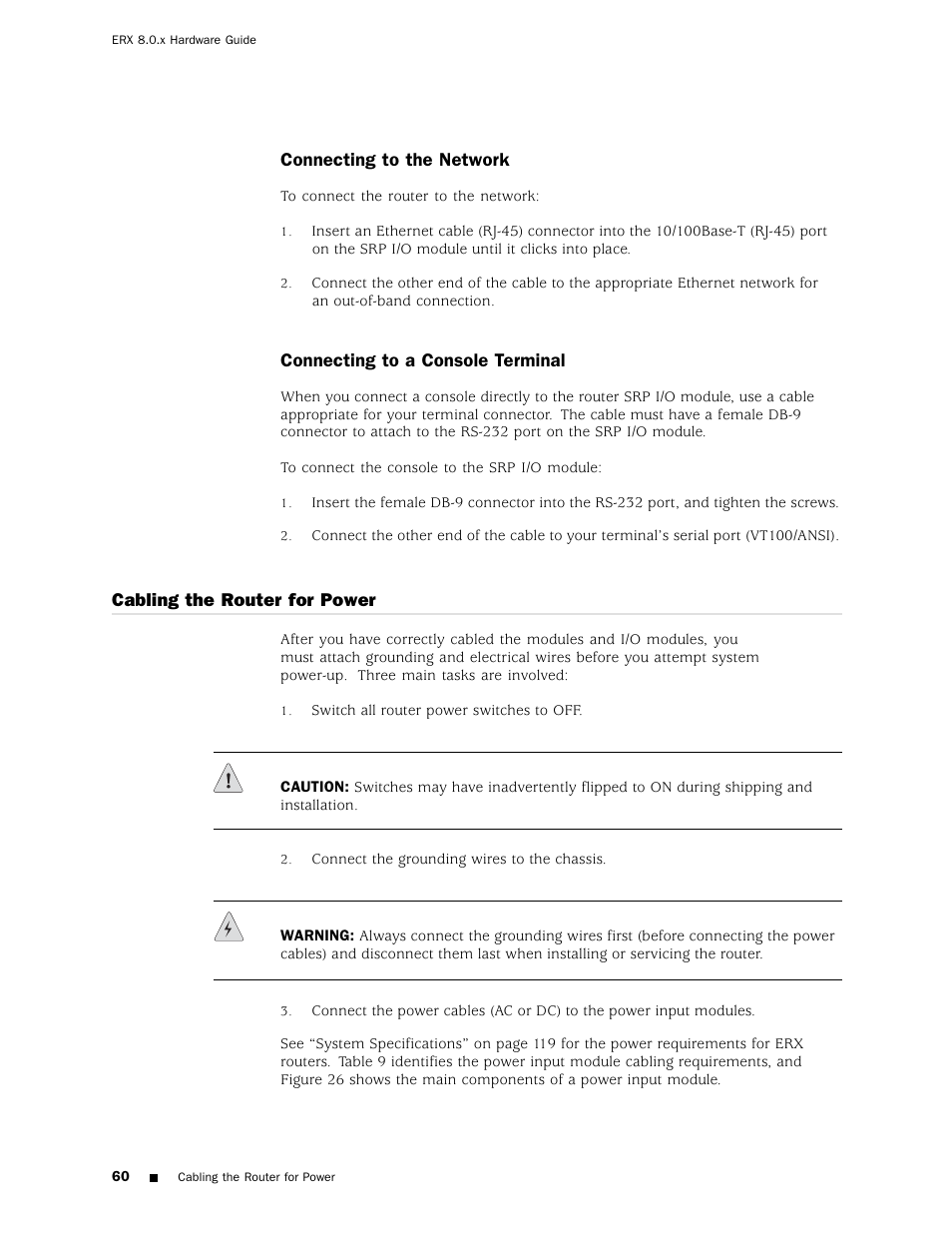Cabling the router for power | Juniper Networks ERX Hardware 8 User Manual | Page 78 / 183