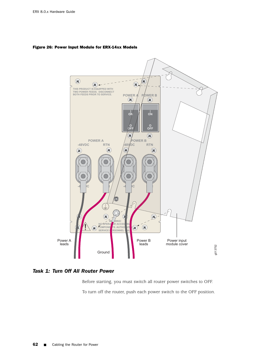 Task 1: turn off all router power, Task 2: connect the grounding cables | Juniper Networks ERX Hardware 8 User Manual | Page 80 / 183