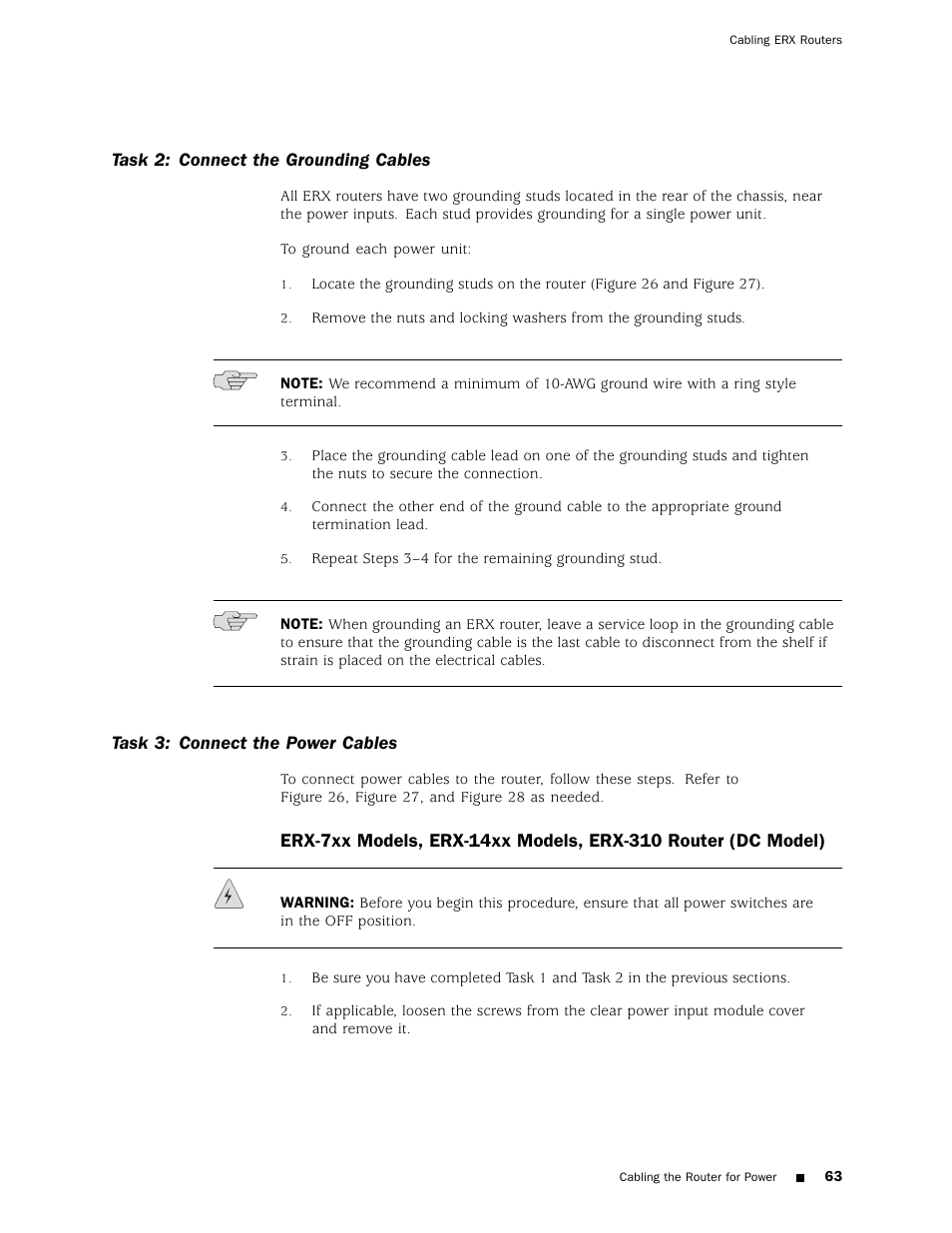 Task 3: connect the power cables, Task 2: connect the grounding cables | Juniper Networks ERX Hardware 8 User Manual | Page 81 / 183