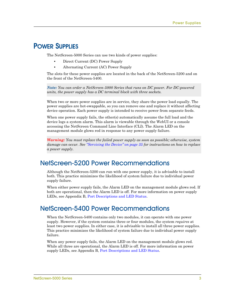 Power supplies, Netscreen-5200 power recommendations, Netscreen-5400 power recommendations | Ower, Upplies | Juniper Networks 5000 User Manual | Page 11 / 66