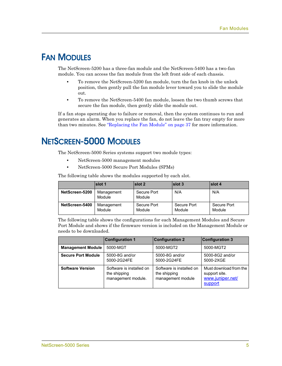 Fan modules, Netscreen-5000 modules, 5000 m | Odules, Creen | Juniper Networks 5000 User Manual | Page 13 / 66