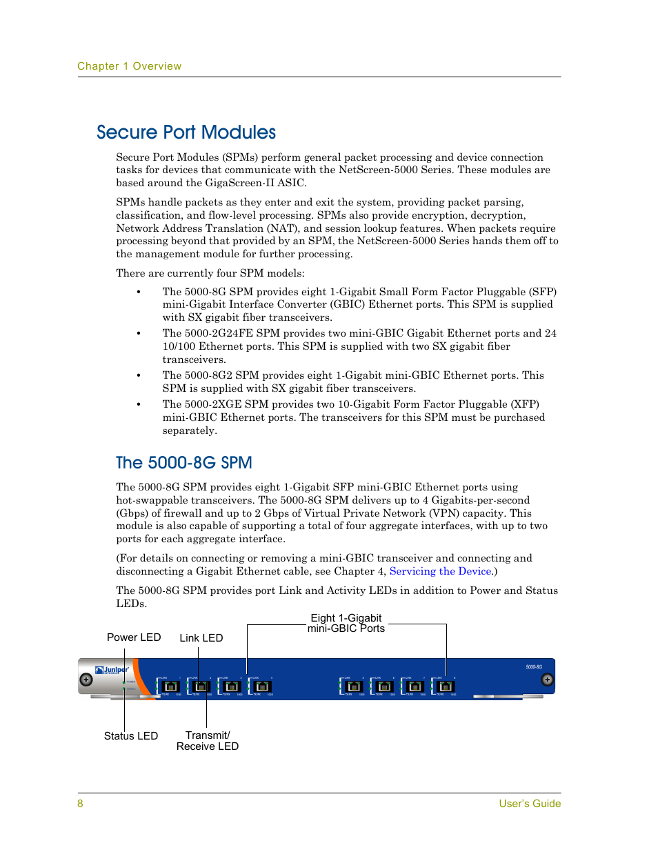 Secure port modules, The 5000-8g spm | Juniper Networks 5000 User Manual | Page 16 / 66