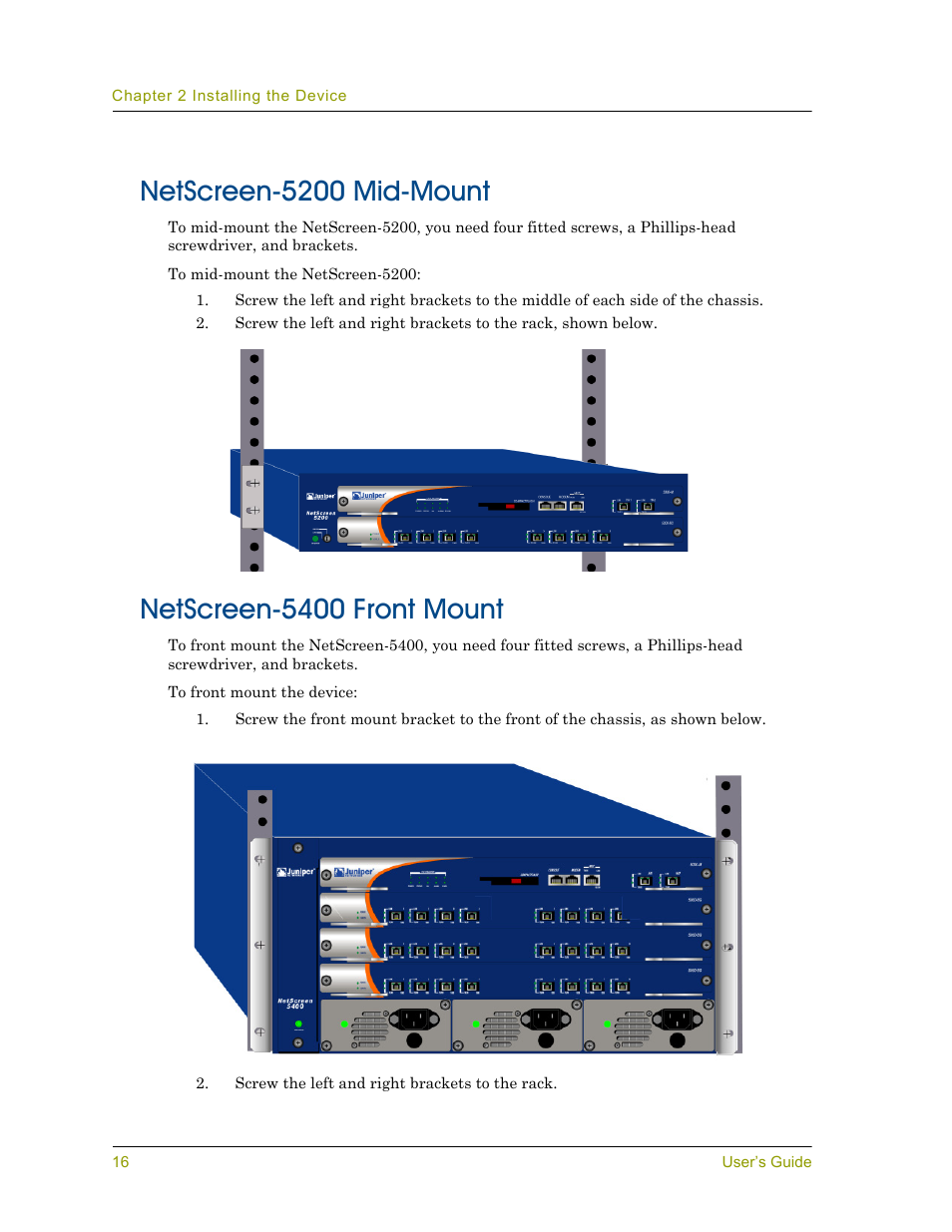Netscreen-5200 mid-mount, Netscreen-5400 front mount | Juniper Networks 5000 User Manual | Page 24 / 66