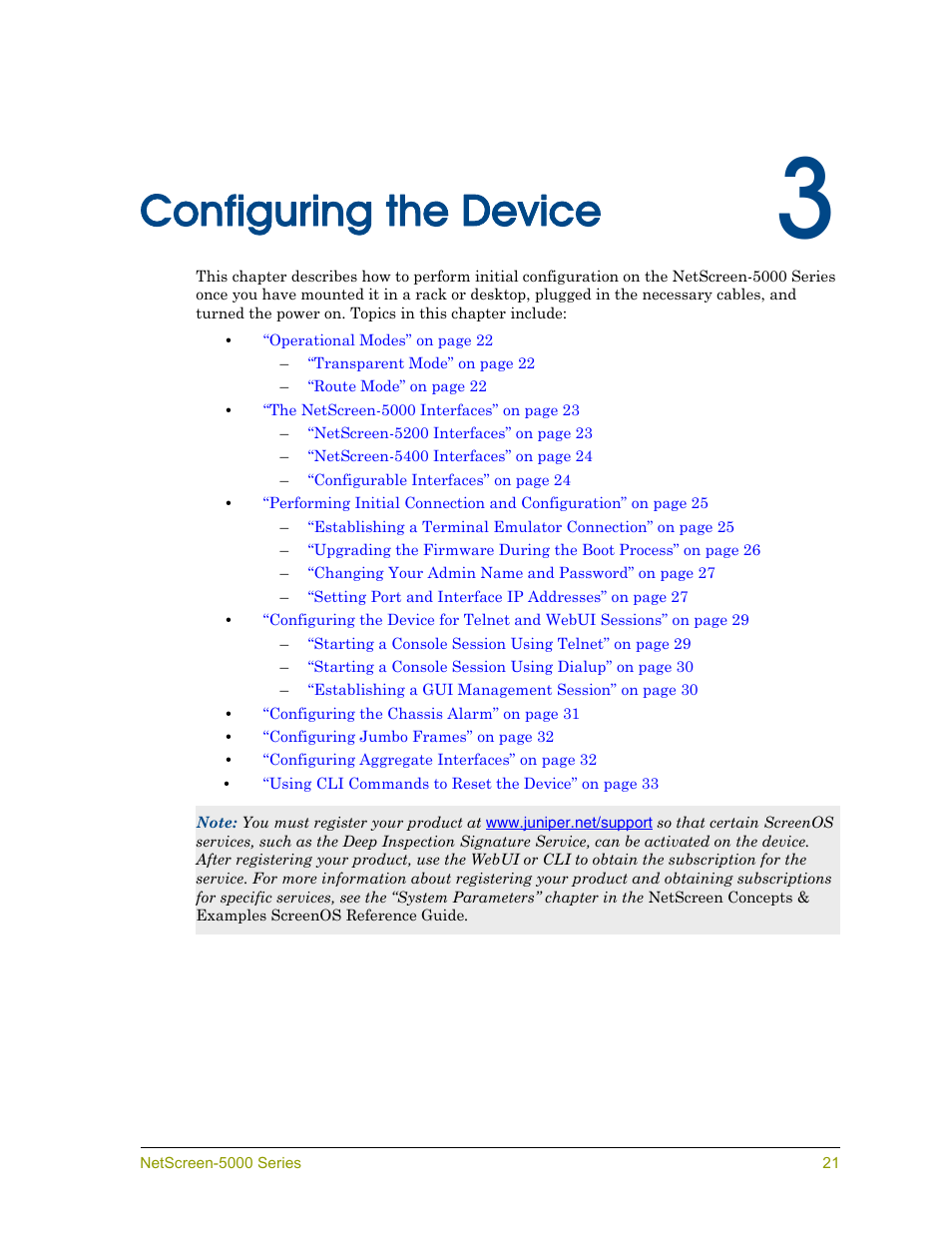 Configuring the device, Chapter 3 configuring the device, Ter 3 | Juniper Networks 5000 User Manual | Page 29 / 66