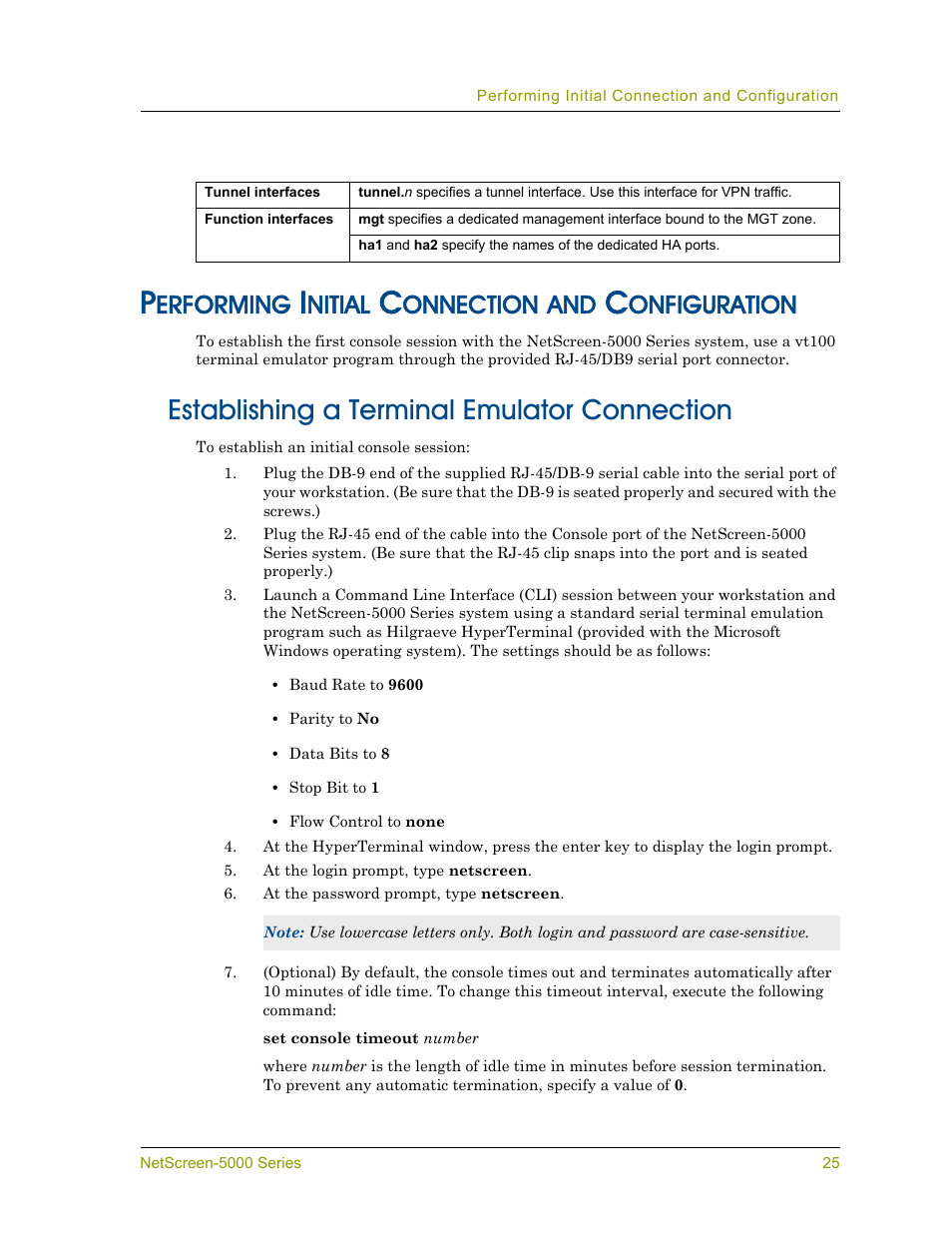 Performing initial connection and configuration, Establishing a terminal emulator connection, Erforming | Nitial, Onnection, Onfiguration | Juniper Networks 5000 User Manual | Page 33 / 66