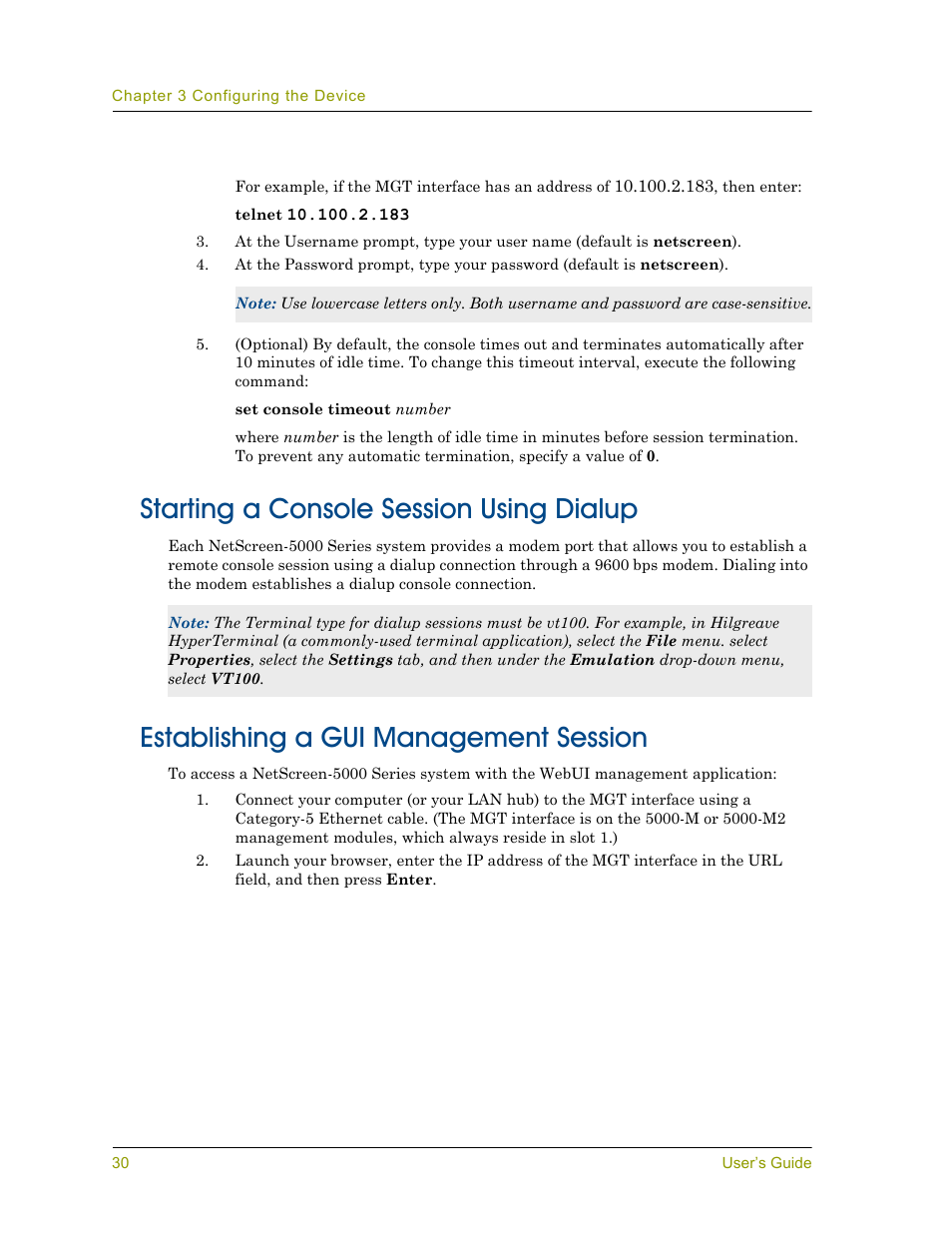 Starting a console session using dialup, Establishing a gui management session | Juniper Networks 5000 User Manual | Page 38 / 66