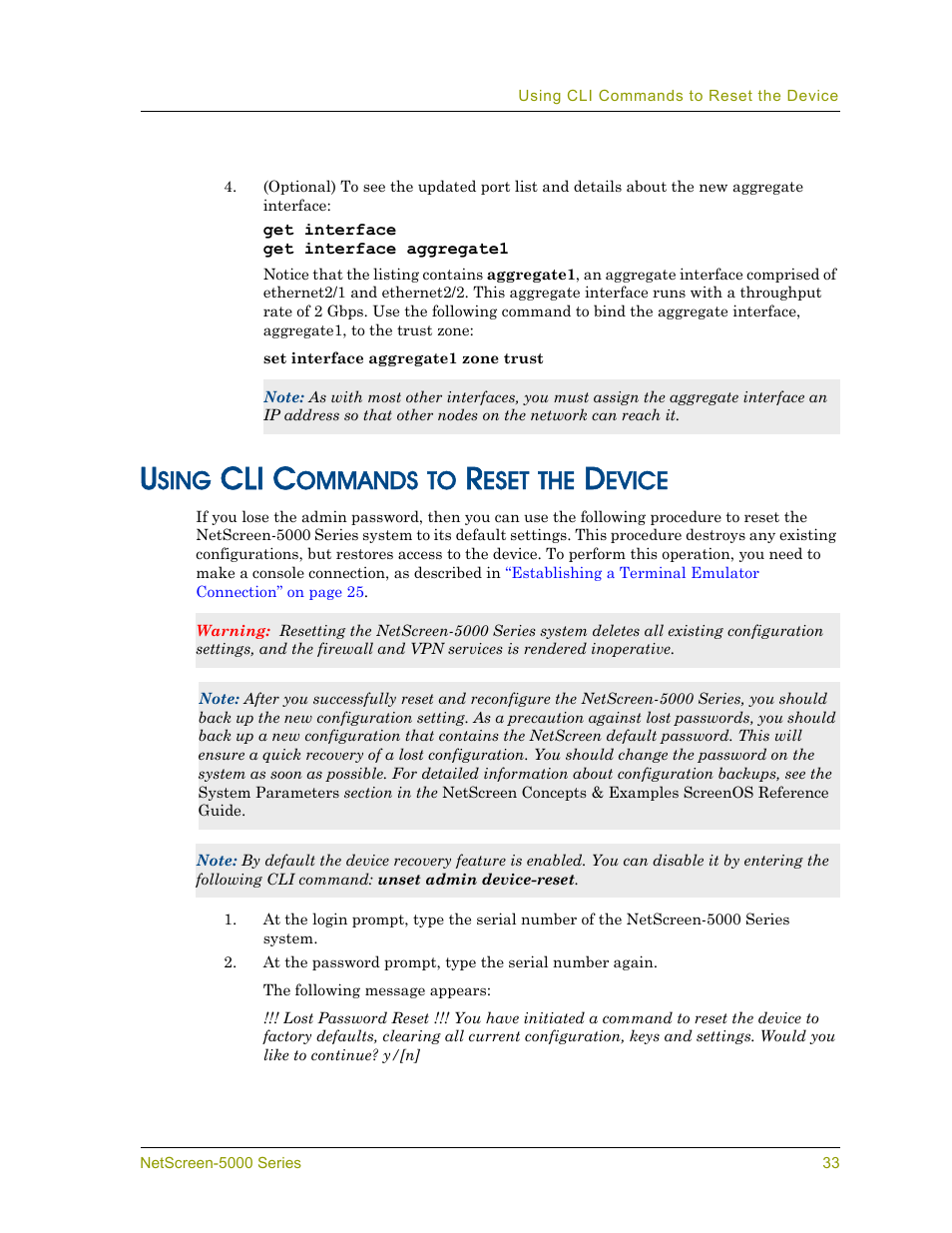 Using cli commands to reset the device, Cli c, Sing | Ommands, Eset, Evice | Juniper Networks 5000 User Manual | Page 41 / 66