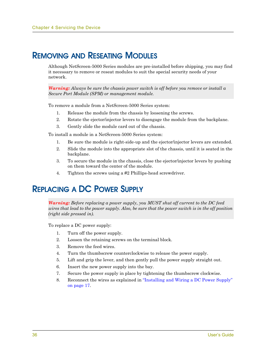 Removing and reseating modules, Replacing a dc power supply, Dc p | Emoving, Eseating, Odules, Eplacing, Ower, Upply | Juniper Networks 5000 User Manual | Page 44 / 66