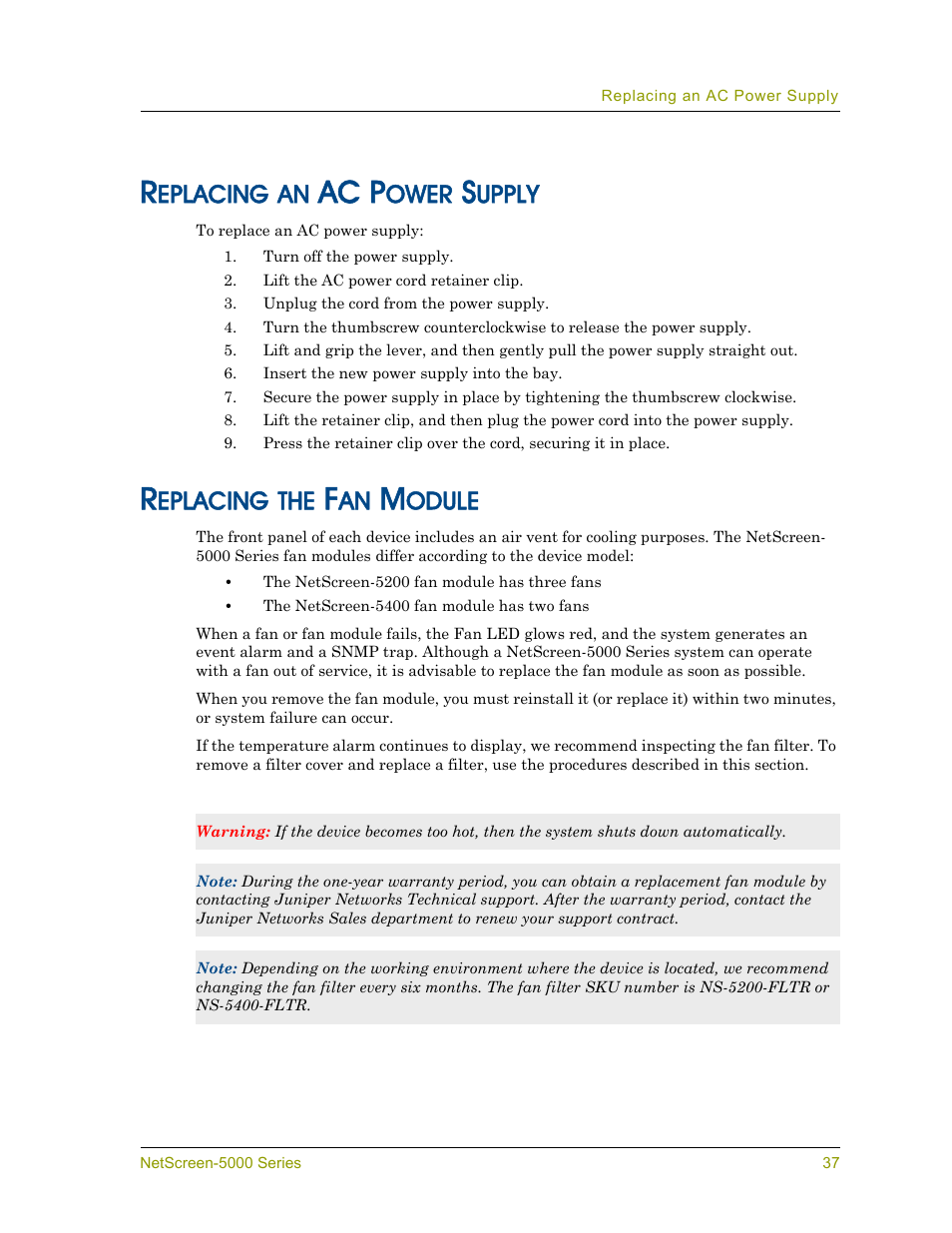 Replacing an ac power supply, Replacing the fan module, Ac p | Eplacing, Ower, Upply, Odule | Juniper Networks 5000 User Manual | Page 45 / 66