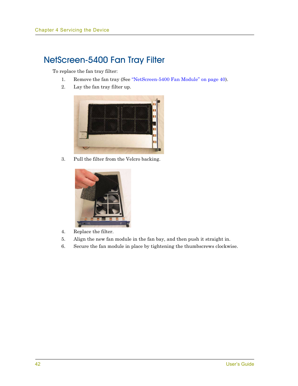 Netscreen-5400 fan tray filter | Juniper Networks 5000 User Manual | Page 50 / 66