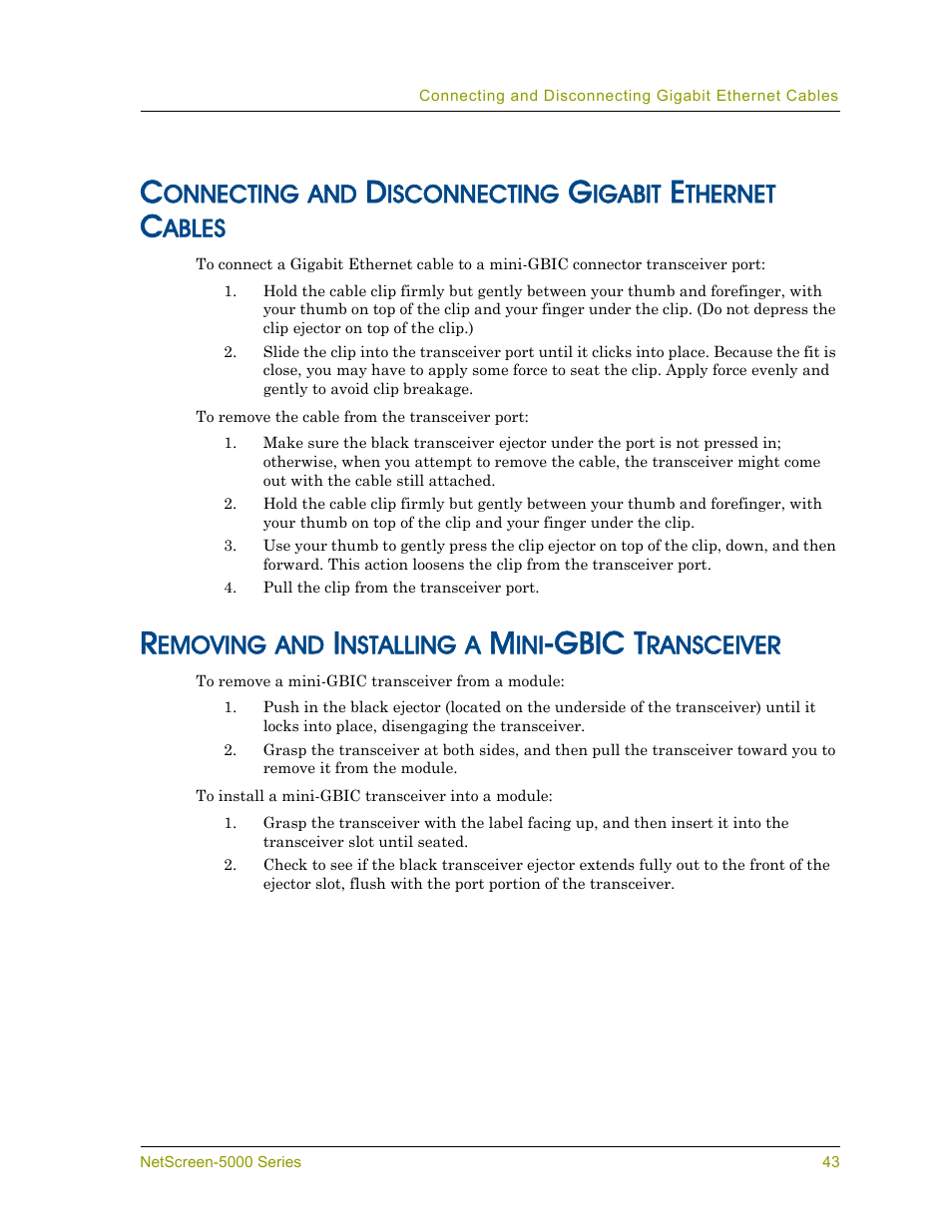 Removing and installing a mini-gbic transceiver, Gbic t | Juniper Networks 5000 User Manual | Page 51 / 66