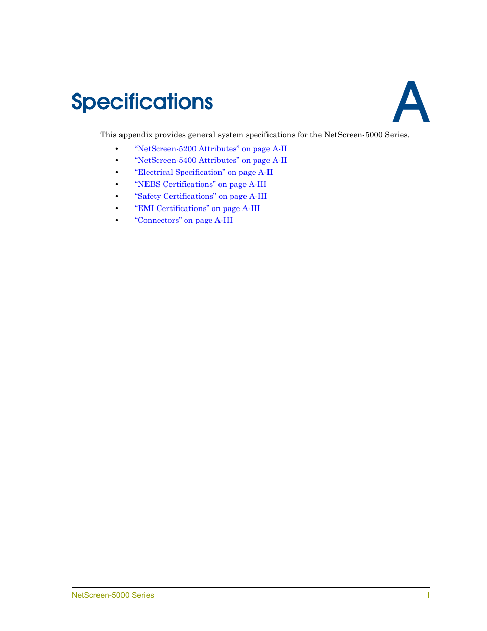 Specifications | Juniper Networks 5000 User Manual | Page 53 / 66