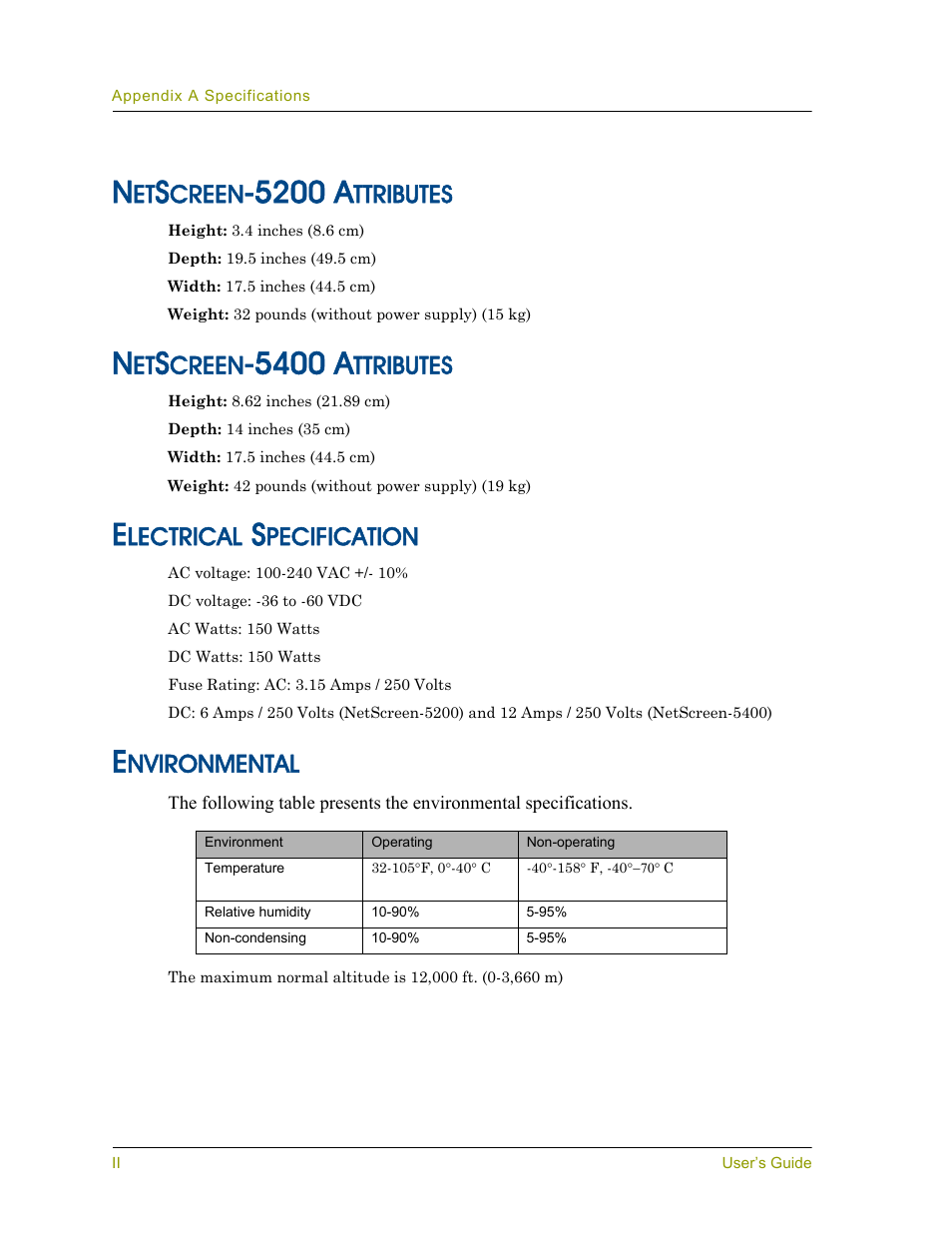 5200 a, 5400 a, Creen | Ttributes, Lectrical, Pecification, Nvironmental | Juniper Networks 5000 User Manual | Page 54 / 66