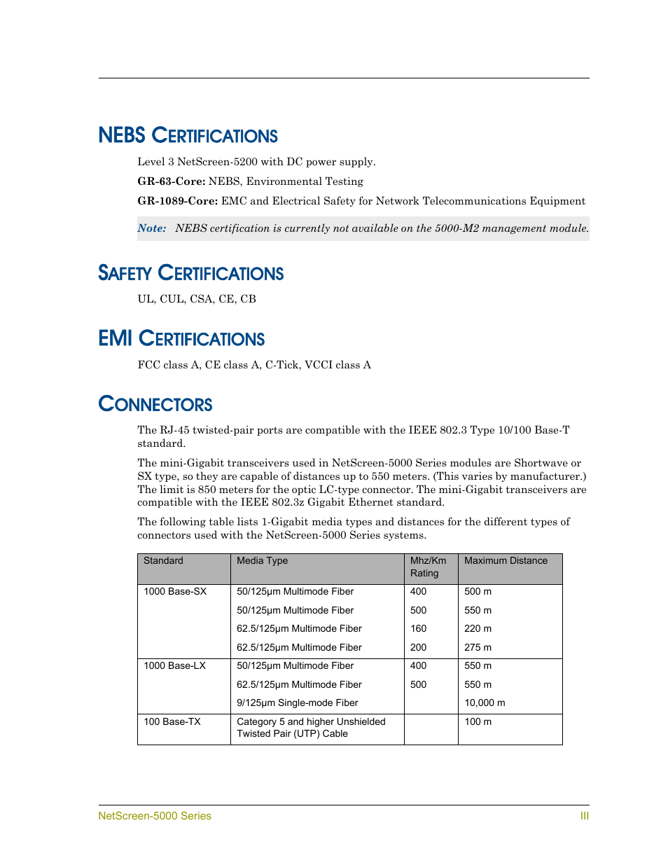 Nebs c, Emi c, Ertifications | Afety, Onnectors | Juniper Networks 5000 User Manual | Page 55 / 66