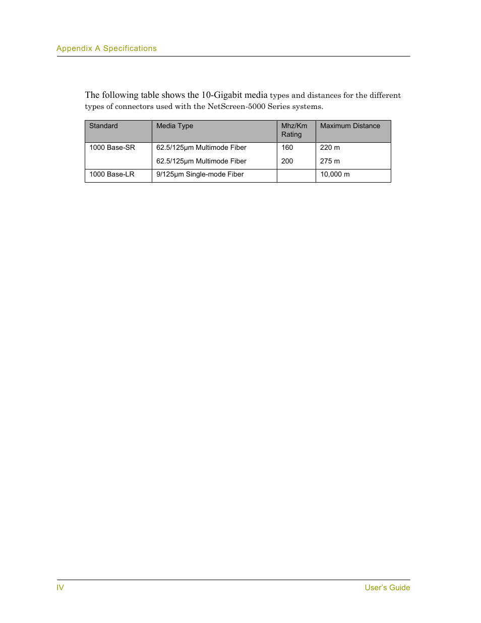 The following table shows the 10-gigabit media | Juniper Networks 5000 User Manual | Page 56 / 66