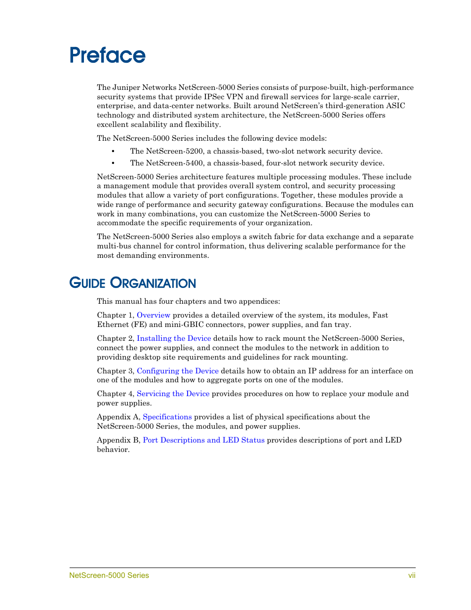 Preface, Guide organization, Uide | Rganization | Juniper Networks 5000 User Manual | Page 7 / 66