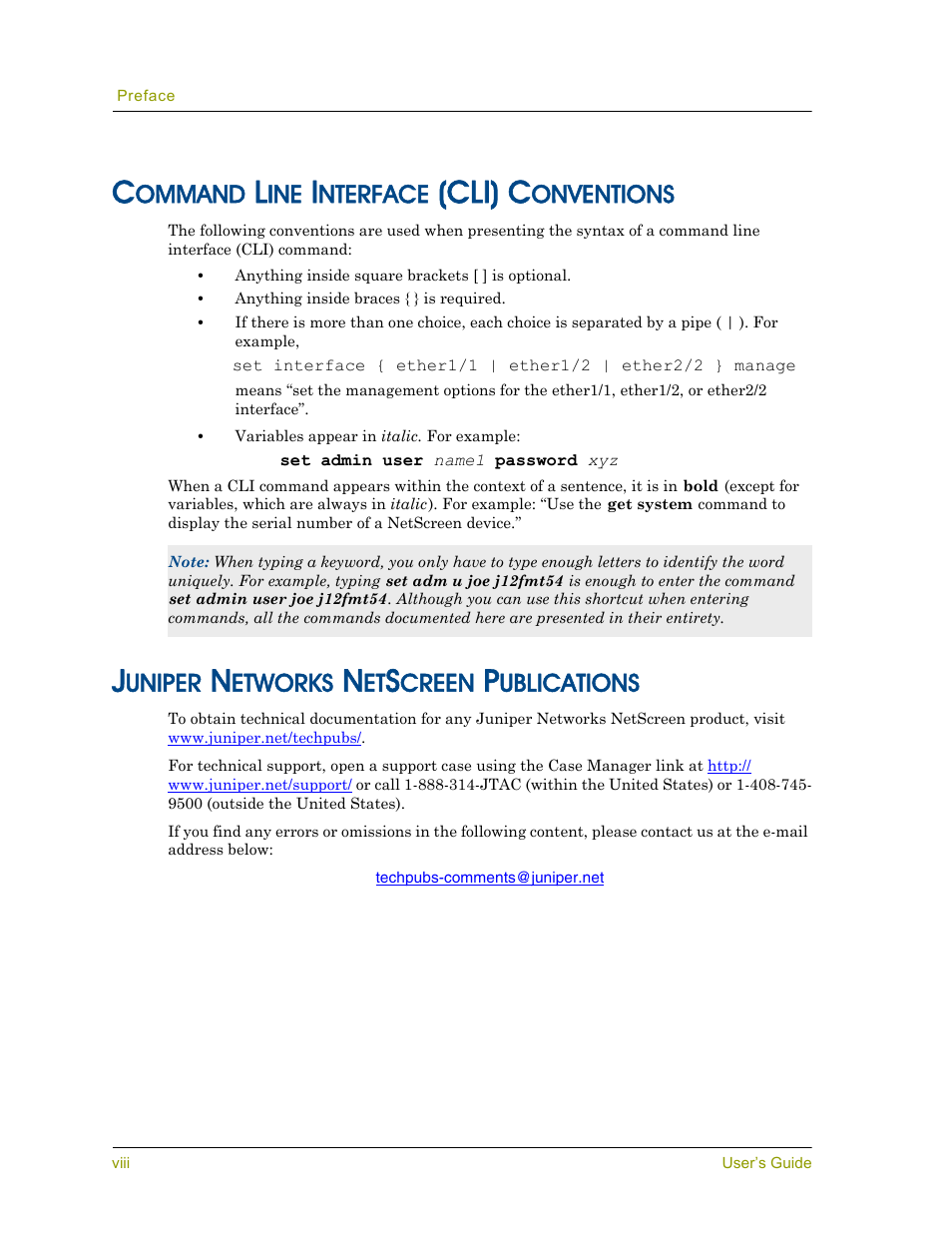 Command line interface (cli) conventions, Juniper networks netscreen publications, Cli) c | Ommand, Nterface, Onventions, Uniper, Etworks, Creen, Ublications | Juniper Networks 5000 User Manual | Page 8 / 66