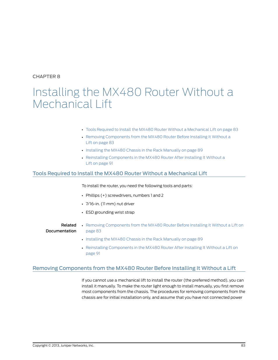 Chapter 8, Lift | Juniper Networks MX480 User Manual | Page 107 / 366