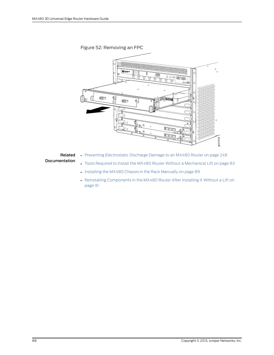 Figure 52: removing an fpc | Juniper Networks MX480 User Manual | Page 112 / 366