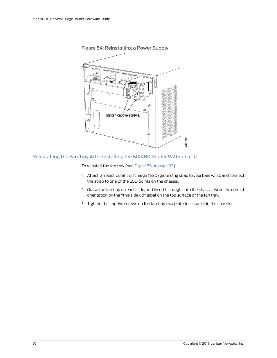 Lift, Figure 54: reinstalling a power supply, Figure 54 | Juniper Networks MX480 User Manual | Page 116 / 366