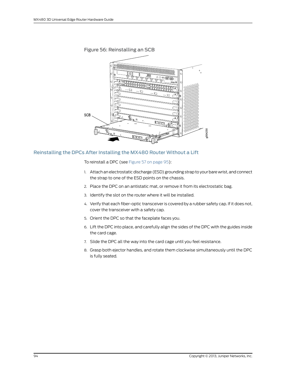Figure 56: reinstalling an scb | Juniper Networks MX480 User Manual | Page 118 / 366