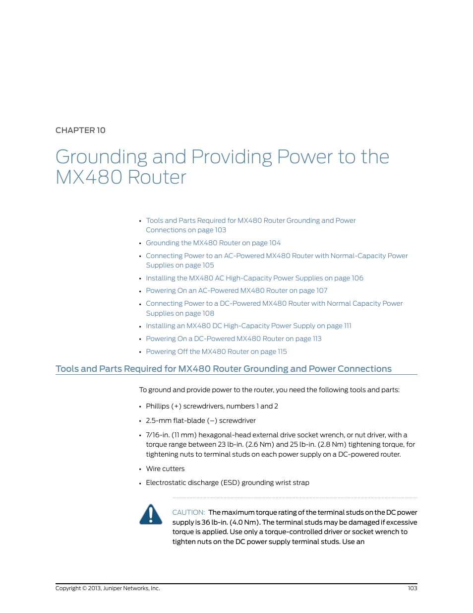 Chapter 10, Grounding and providing power to the mx480 router, Connections | Juniper Networks MX480 User Manual | Page 127 / 366