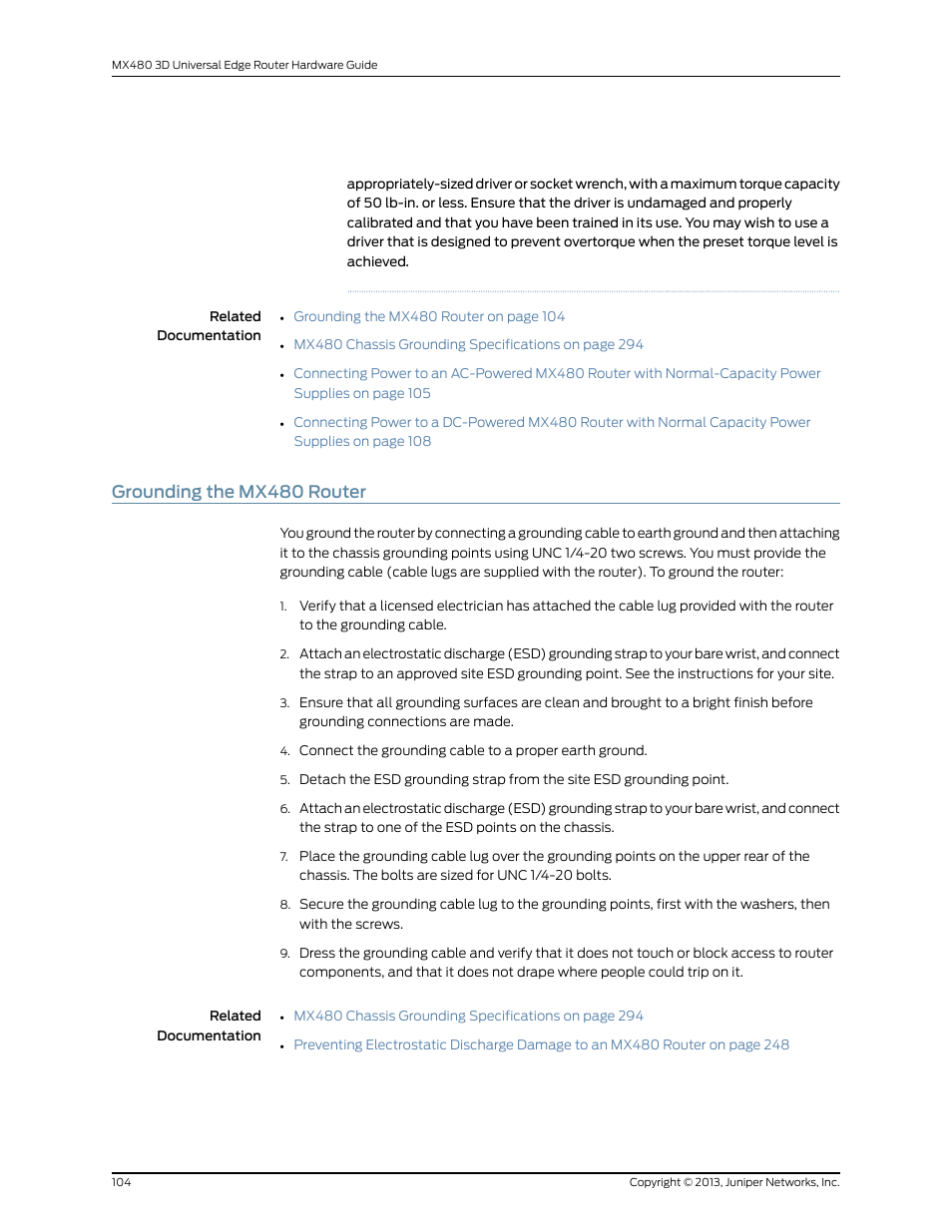 Grounding the mx480 router | Juniper Networks MX480 User Manual | Page 128 / 366