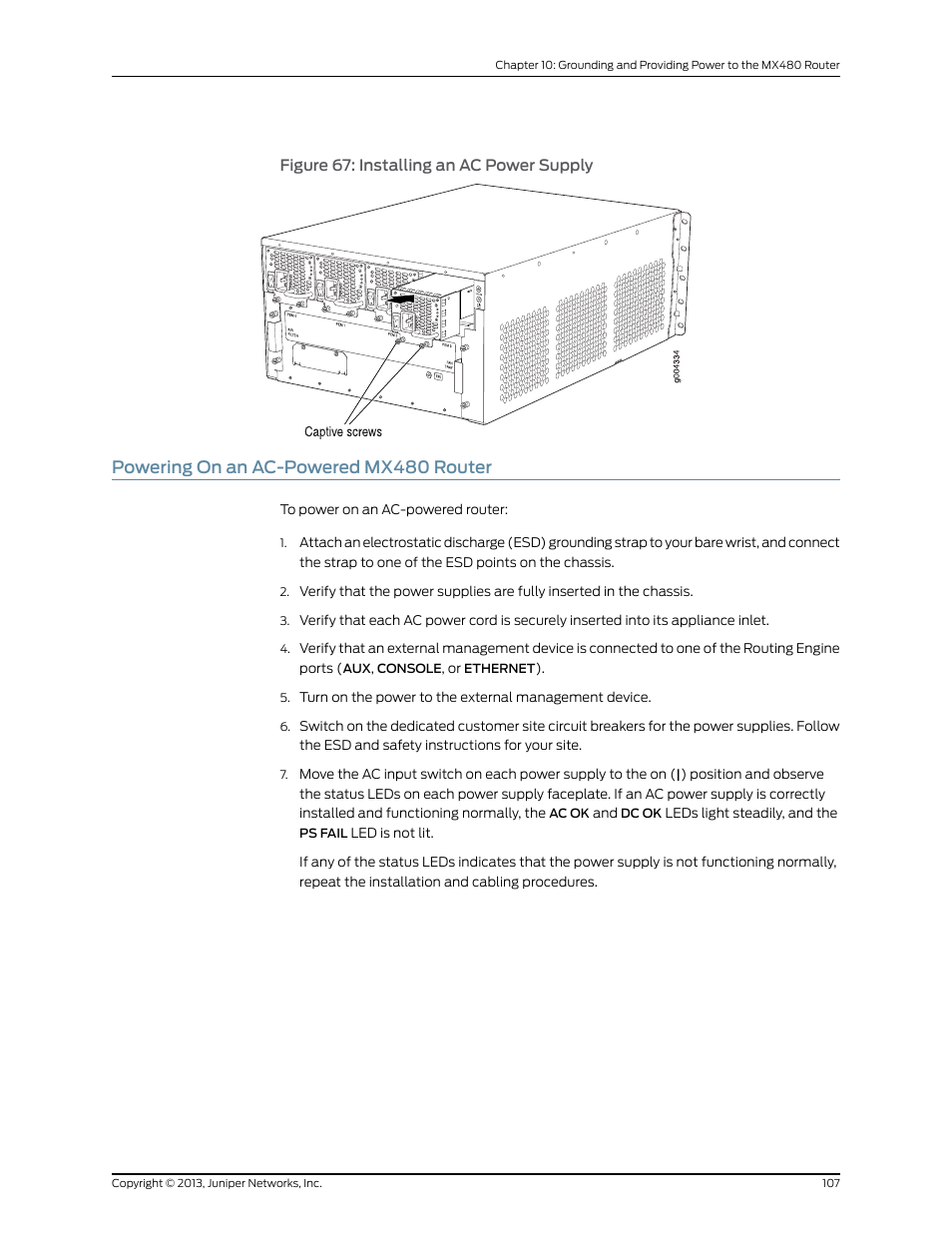 Powering on an ac-powered mx480 router, Figure 67: installing an ac power supply | Juniper Networks MX480 User Manual | Page 131 / 366