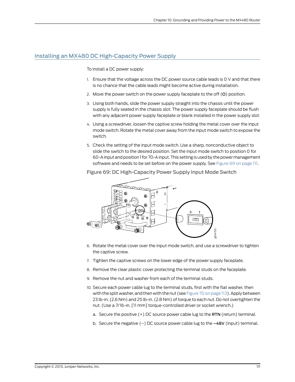 Installing an mx480 dc high-capacity power supply | Juniper Networks MX480 User Manual | Page 135 / 366