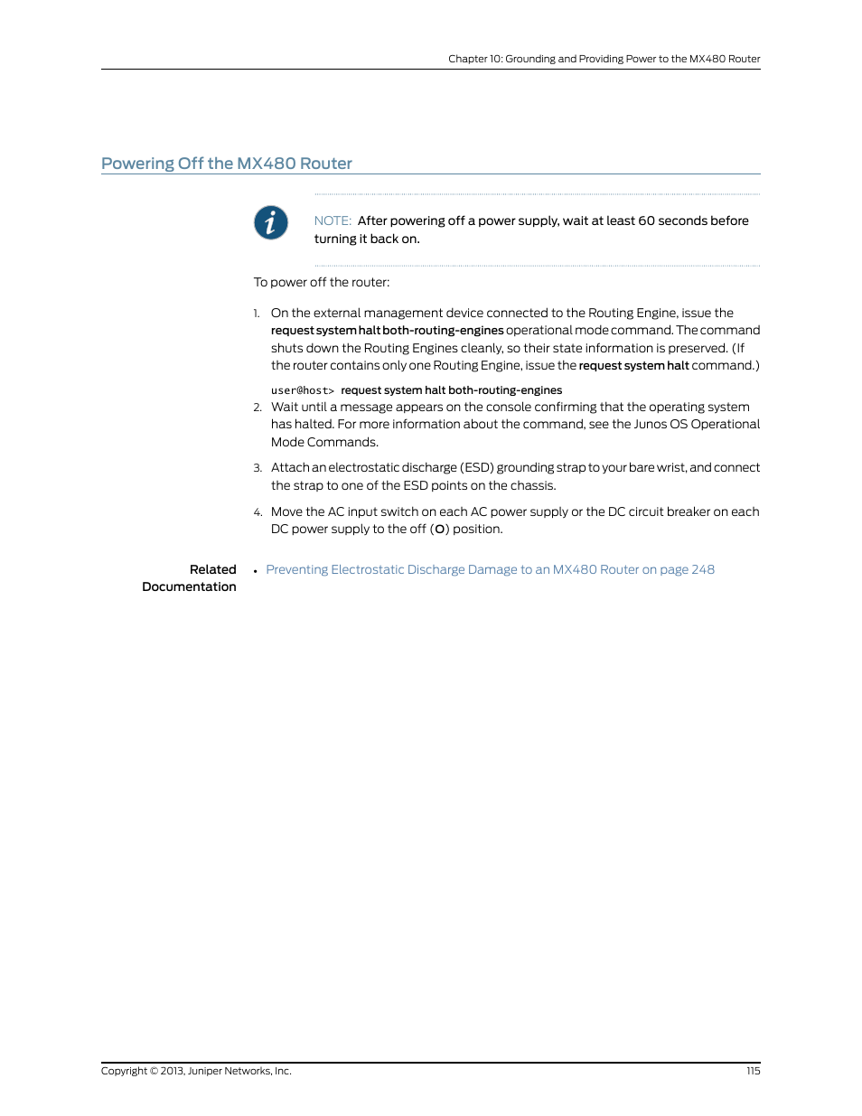 Powering off the mx480 router | Juniper Networks MX480 User Manual | Page 139 / 366