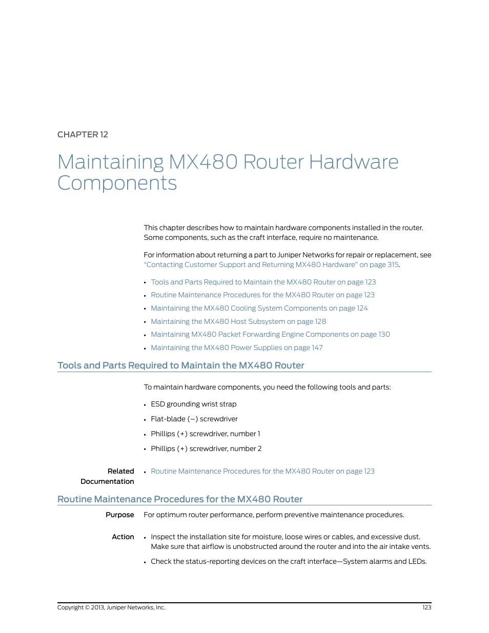 Chapter 12, Maintaining mx480 router hardware components | Juniper Networks MX480 User Manual | Page 147 / 366