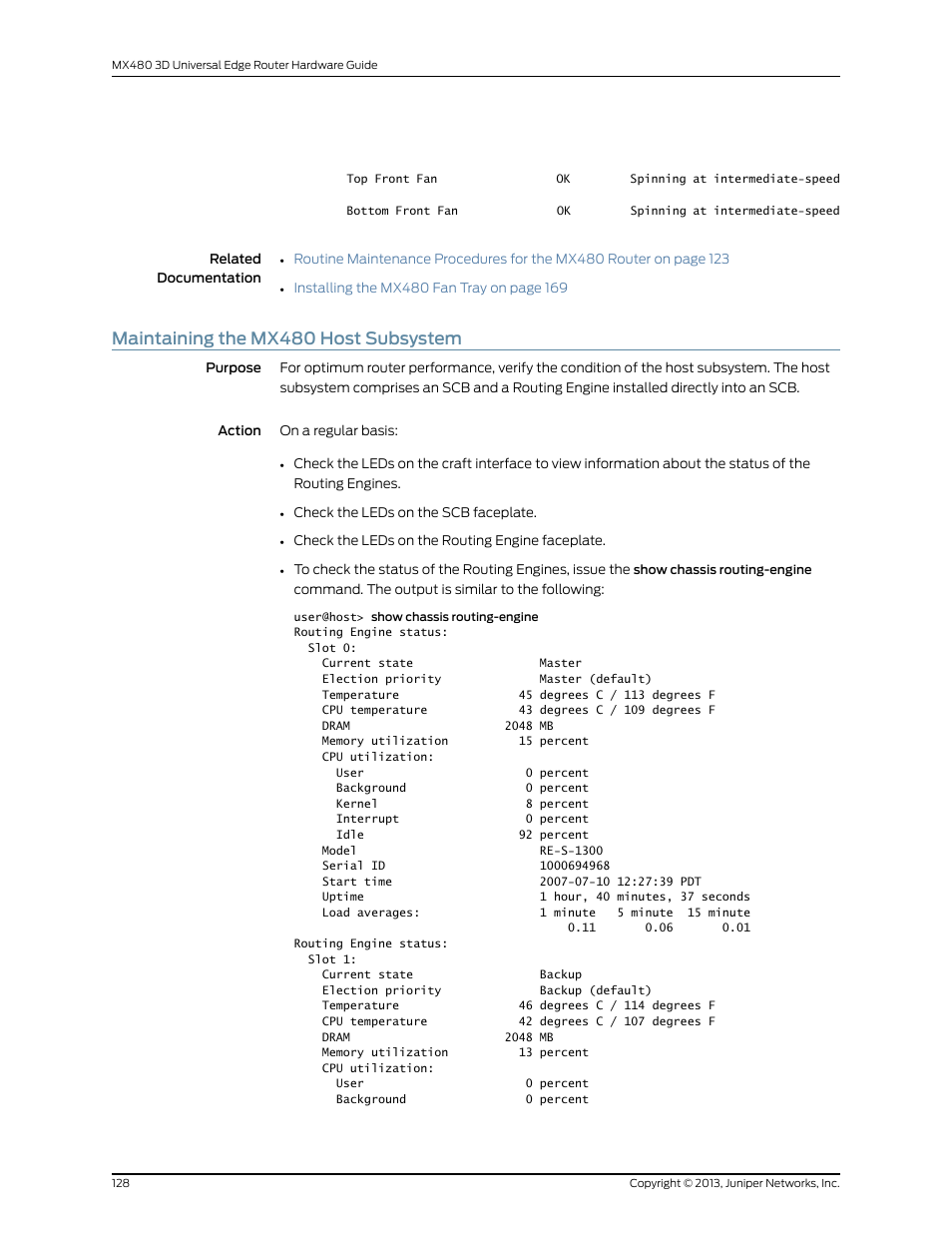 Maintaining the mx480 host subsystem | Juniper Networks MX480 User Manual | Page 152 / 366