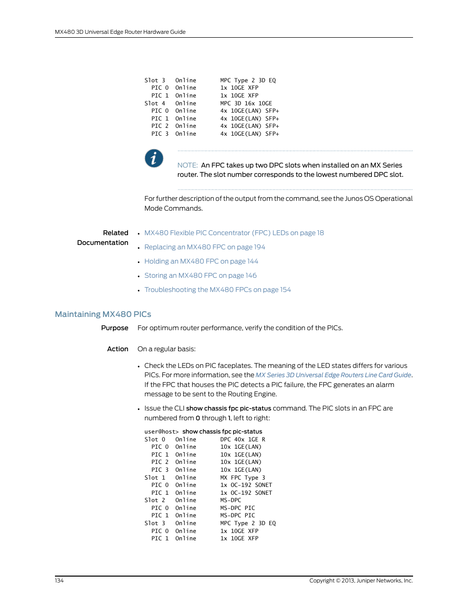 Maintaining mx480 pics | Juniper Networks MX480 User Manual | Page 158 / 366