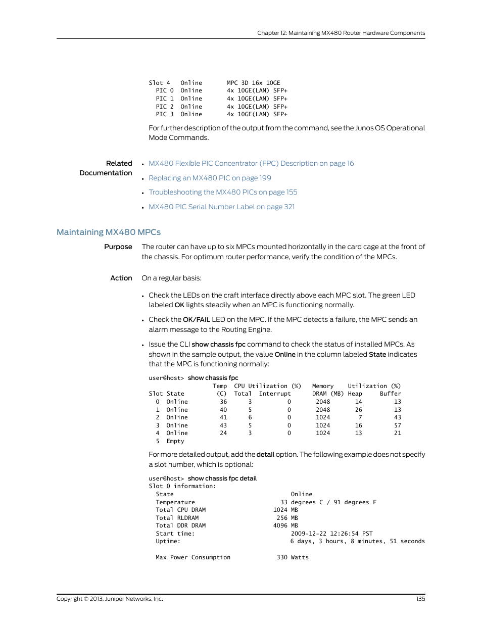 Maintaining mx480 mpcs | Juniper Networks MX480 User Manual | Page 159 / 366