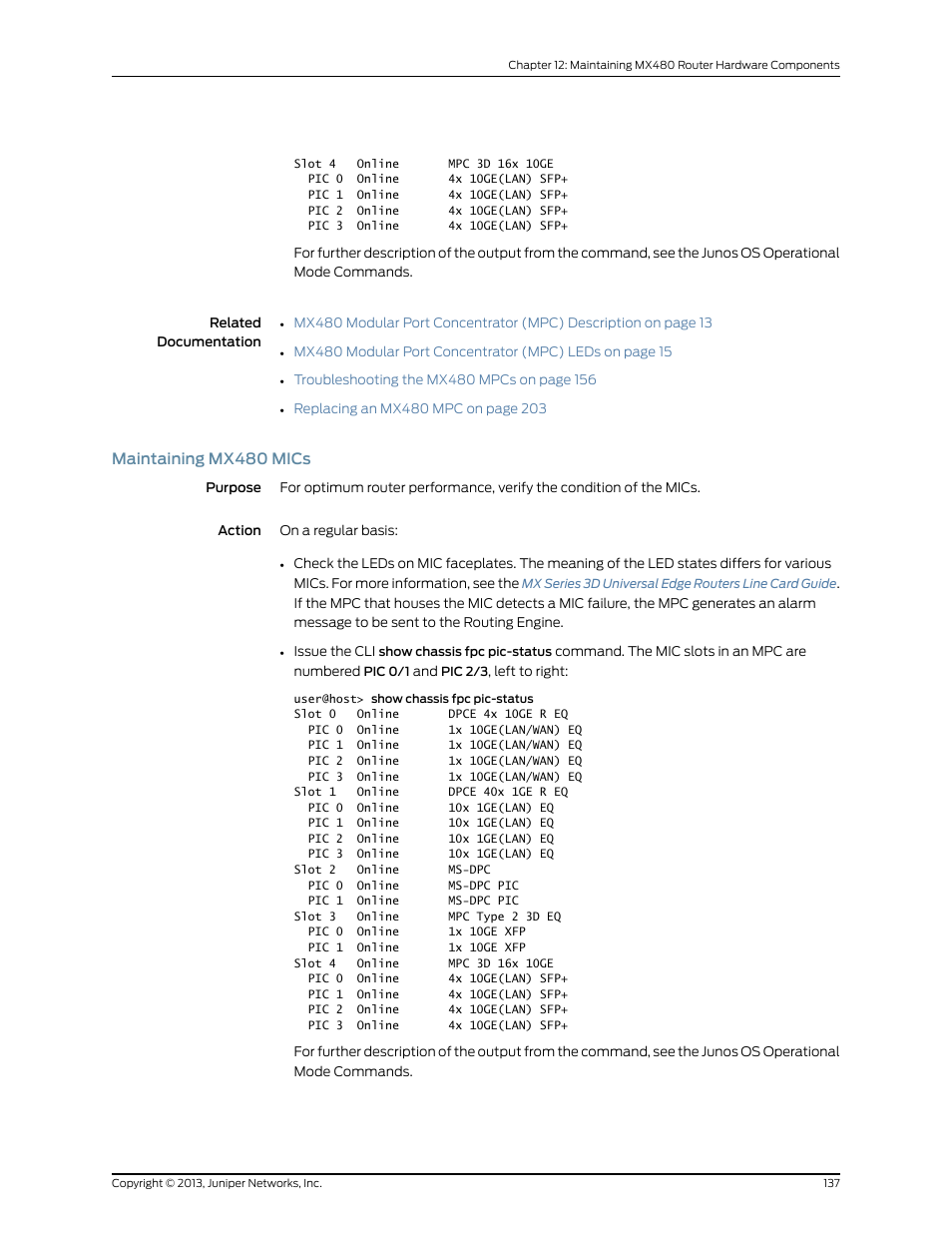 Maintaining mx480 mics | Juniper Networks MX480 User Manual | Page 161 / 366