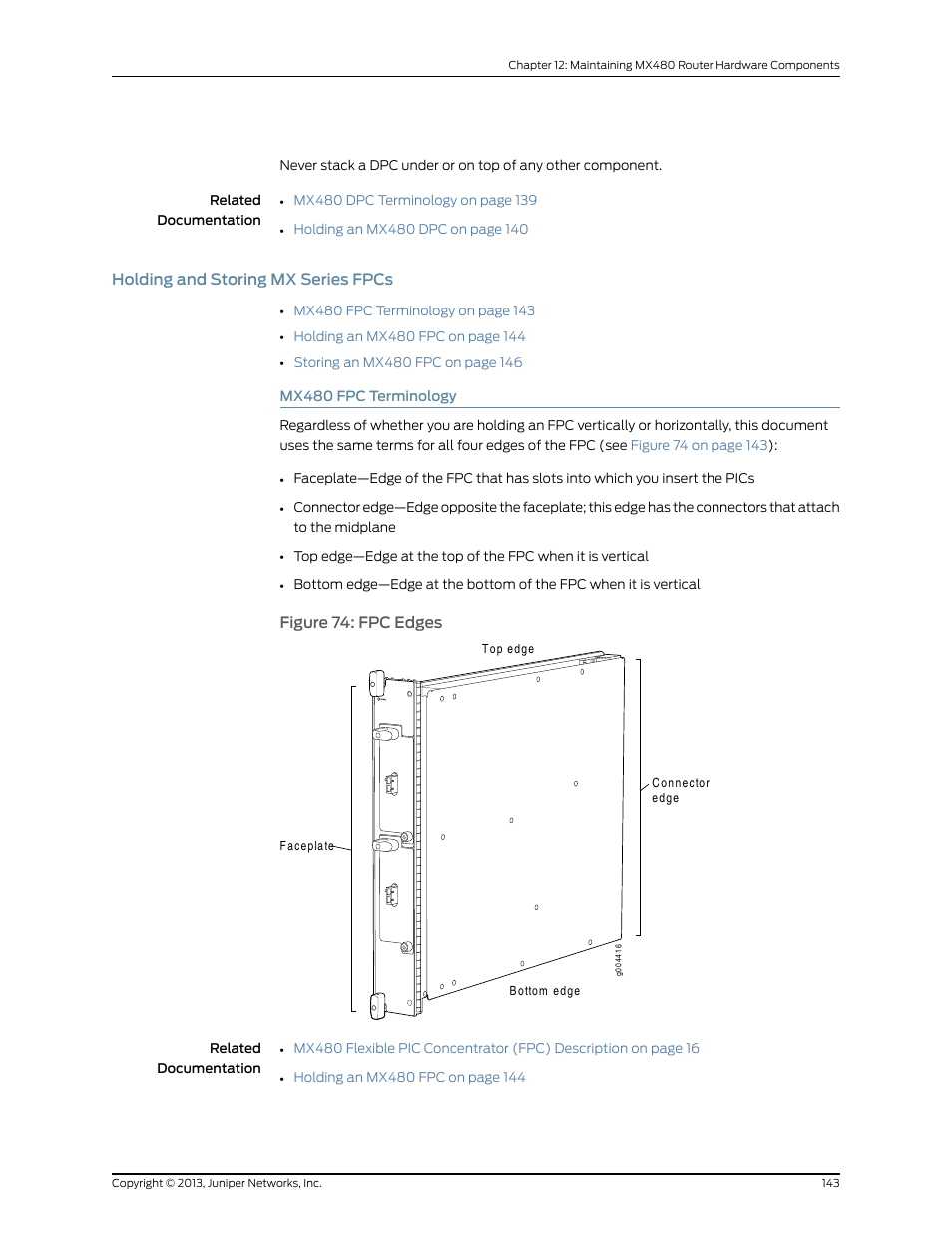 Holding and storing mx series fpcs, Mx480 fpc terminology, Figure 74: fpc edges | Juniper Networks MX480 User Manual | Page 167 / 366