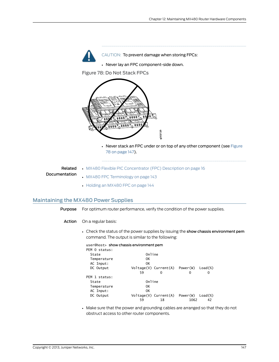 Maintaining the mx480 power supplies, Figure 78: do not stack fpcs | Juniper Networks MX480 User Manual | Page 171 / 366