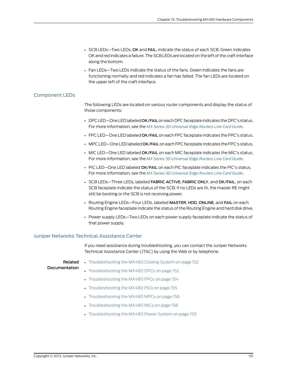 Component leds, Juniper networks technical assistance center, 151 juniper networks technical assistance center | Juniper Networks MX480 User Manual | Page 175 / 366