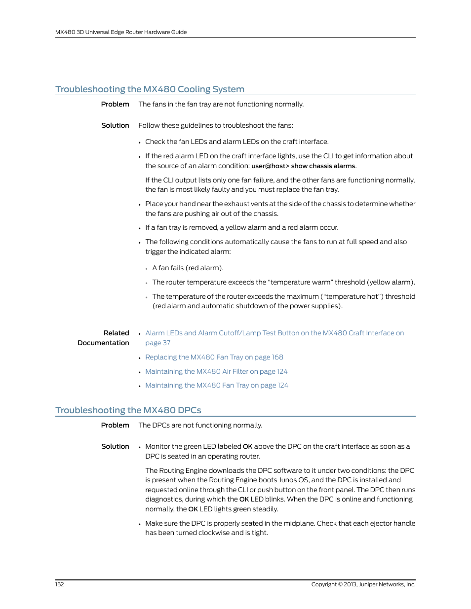 Troubleshooting the mx480 cooling system, Troubleshooting the mx480 dpcs, 152 troubleshooting the mx480 dpcs | Juniper Networks MX480 User Manual | Page 176 / 366